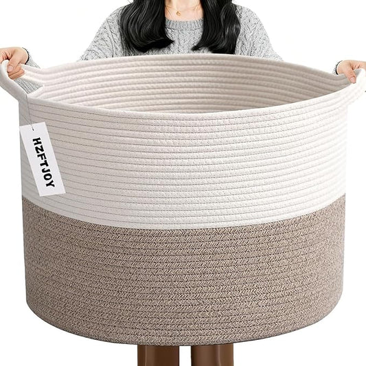 90L Large Blanket Basket,21.7"L x 21.7"W x 13.8"H Rope Woven Baskets with Handles, Toys Storage Bins,Laundry Basket Perfect for Living Room, Nursery,Bedroom,Home Organization,White&Brown