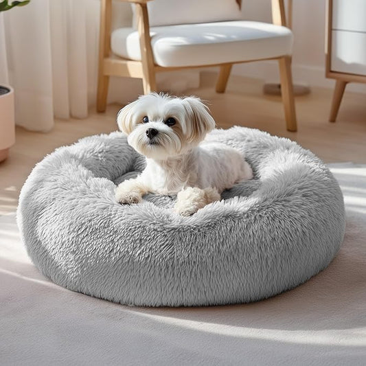 Deconovo Calming Donut Dog Bed, Washable Plush Round Pet Bed for Small Dogs & Cats with Raised Rim, Non-Slip Base and Soft Faux Fur—Lightweight, Easy-Care Design Light Grey 21" L x 21" W x 8" Th