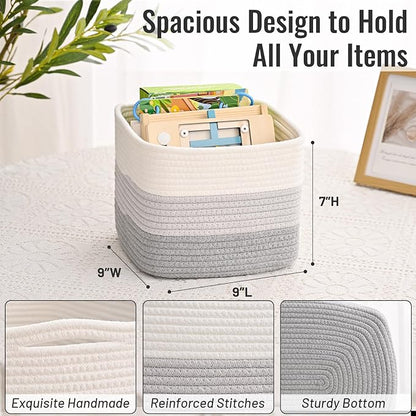 3 Pack Cube Storage Bin, 9”x9”x7” Cotton Rope Woven Baskets for Organizing Toys Clothes Towels, Square Gift Storage Baskets for Shelves, Nursery, Closet, Bathroom, Pantry (3-Tone Gray)