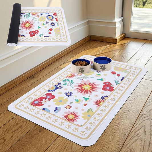 KOOLTAIL Dog Food Mat, Absorbent Pet Feeding Mat for Food and Water Bowls, Placement Pad for Floors with Waterproof Rubber Backing, Quick Dry Water Dispenser Mat for Dogs Puppy Cats, Flower, 17"x28"