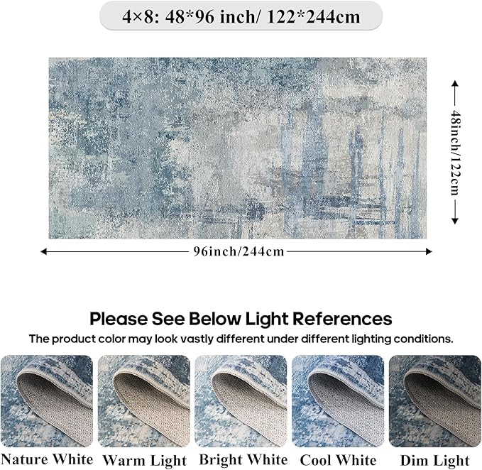 Modern Abstract 4x8 Area Rug: Wide Rugs for Living Room, Bedroom - Machine Washable Non-Slip Soft Carpet - Pets Friendly Low Pile Floor Covering for Home 4x8 Blue