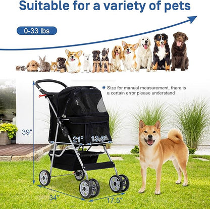 Best 4 Wheels Pet Stroller for Dog & Cat, Lightweight and Foldable Dog Jogger Stroller W/Cup Holders for Small & Medium Pets - Black