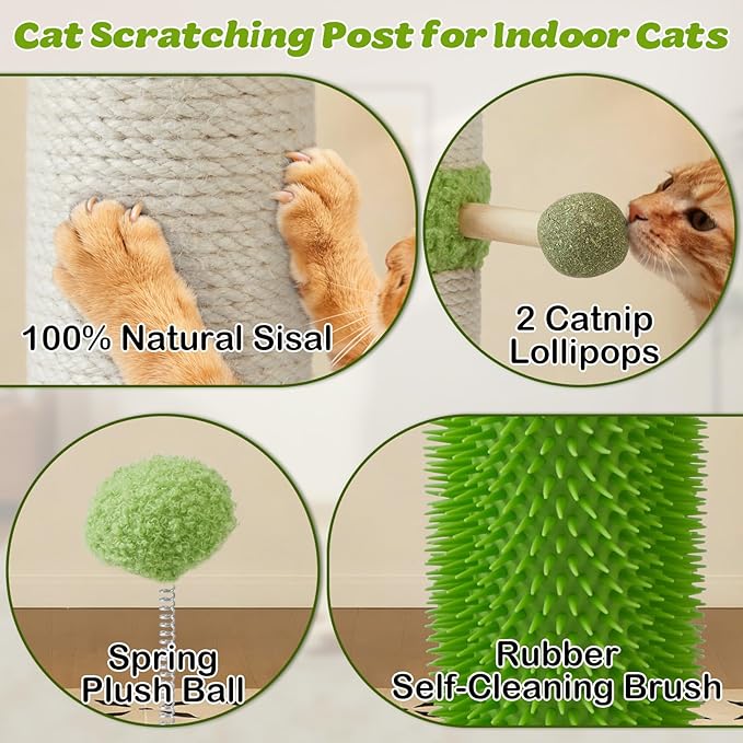 Cat Scratching Post, 38 Inch Tall Scratching Posts for Indoor Cats Adults and Kittens, Sisal Cat Scratch Post with Rotatable Hanging Toys, Rubber Brush, Mint Balls and Interactive Wooden Ball Track