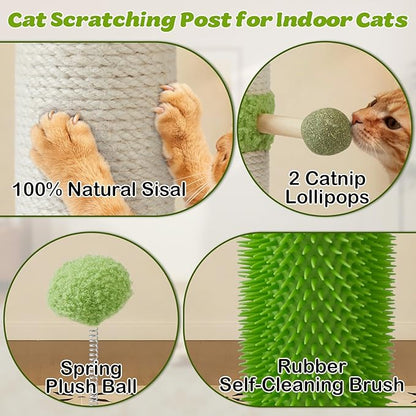 Cat Scratching Post, 38 Inch Tall Scratching Posts for Indoor Cats Adults and Kittens, Sisal Cat Scratch Post with Rotatable Hanging Toys, Rubber Brush, Mint Balls and Interactive Wooden Ball Track