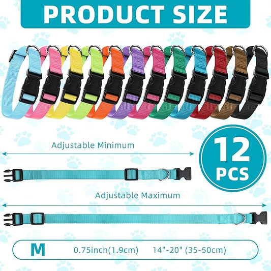 Buryeah 12 Pieces Dog Collar Bulk Adjustable Soft Nylon Puppy Dog Collars with Safety Buckle Collar Bulk for Medium Dogs Walking Running Training(Mixed Colors)
