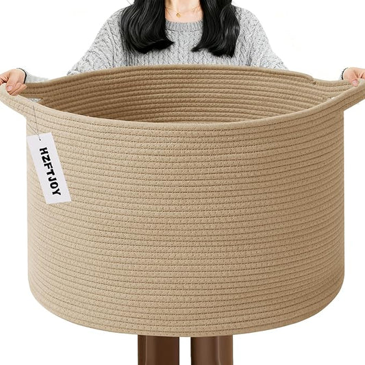 65L Large Blanket Basket,19.7" L x 19.7" W x 13" H Rope Woven Baskets with Handles, Toys Storage Bins,Laundry Basket Perfect for Living Room, Nursery,Bedroom,Home Organization,Camel