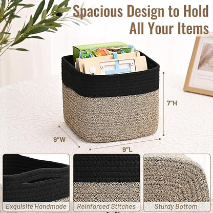 3 Pack Cube Storage Bin, 9”x9”x7” Cotton Rope Woven Baskets for Organizing Toys Clothes Towels, Square Gift Storage Baskets for Shelves, Nursery, Closet, Bathroom, Pantry (Black & Brown)