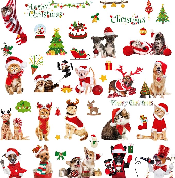 Christmas Window Clings Cat Dog Stickers for Window Glass, 290 PCS 18 Sheets Xmas Decals Decorations Christmas Cat Tree Bells Decals for Holiday Party(Dog and Cat)