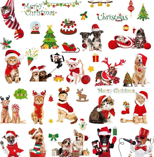 Christmas Window Clings Cat Dog Stickers for Window Glass, 290 PCS 18 Sheets Xmas Decals Decorations Christmas Cat Tree Bells Decals for Holiday Party(Dog and Cat)