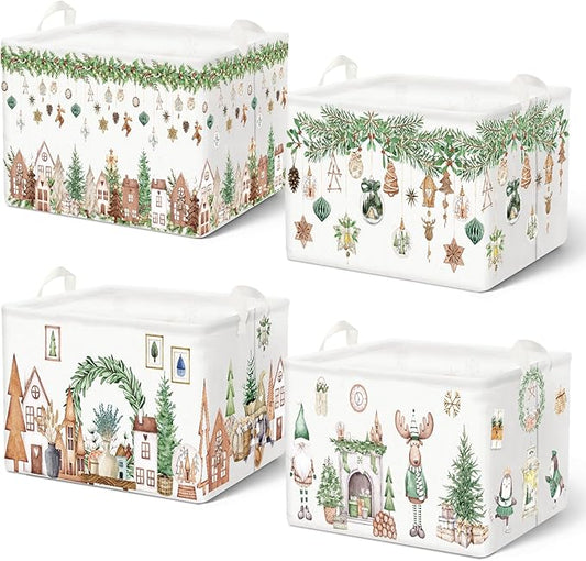 4 Pack Christmas Storage Bin Collapsible Large Christmas Storage Baskets for Gifts Xmas Tree Canvas Laundry Basket Foldable Box with Handle for Office Home Bedroom Clothes Toys Holiday Decor