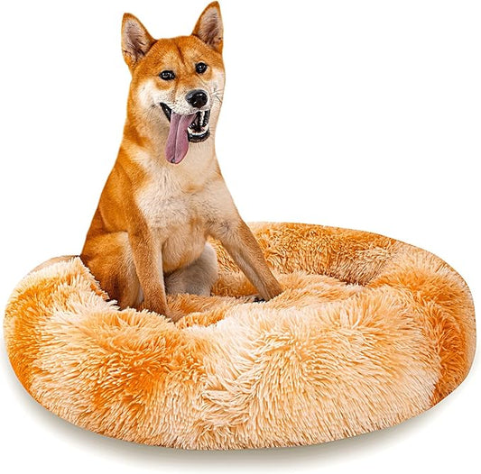 Calming Dog Bed for Medium Dogs Cats, Puppy 31'' Round Anti-Anxiety Warm Fluffy Plush Faux Fur Bed, Soft Anti-Slip Donut Washable, Cozy Medium Puppy Bed, Fits up to 50 lbs Pets