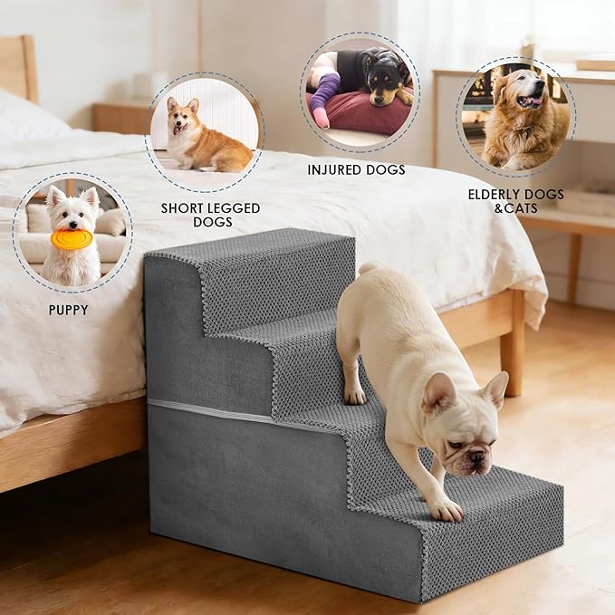 DUMOS Dog Stairs for Small Medium Dogs, 4-Steps Wider Non-Slip Balanced Indoor Foldable Dog Steps with Density Foam & Washable Cover, Cat Puppy Old Pet Stairs for High Bed, Couch, Sofa - Grey, 23" H