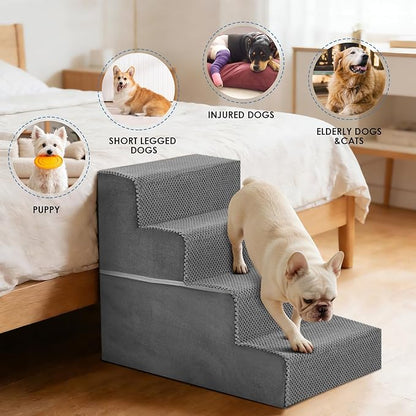 DUMOS Dog Stairs for Small Medium Dogs, 4-Steps Wider Non-Slip Balanced Indoor Foldable Dog Steps with Density Foam & Washable Cover, Cat Puppy Old Pet Stairs for High Bed, Couch, Sofa - Grey, 23" H