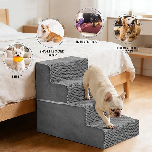 DUMOS Dog Stairs for Small Medium Dogs, 4-Steps Wider Non-Slip Balanced Indoor Foldable Dog Steps with Density Foam & Washable Cover, Cat Puppy Old Pet Stairs for High Bed, Couch, Sofa - Grey, 23" H