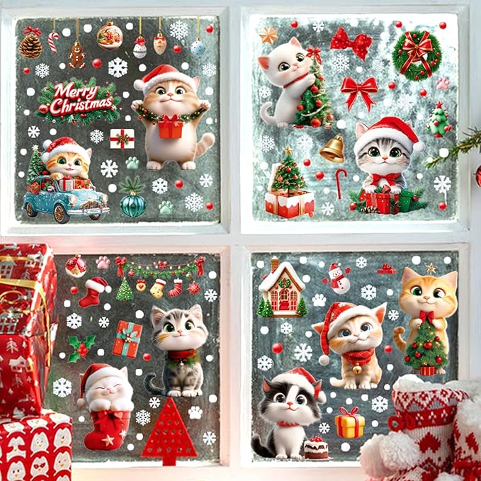 Christmas Window Clings Cat Stickers for Window Glass, 9 Sheets Xmas Decorations Christmas Cat Tree Bells Decals for Holiday Party(Cat2340)