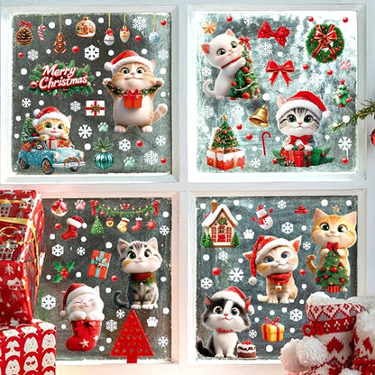 Christmas Window Clings Cat Stickers for Window Glass, 9 Sheets Xmas Decorations Christmas Cat Tree Bells Decals for Holiday Party(Cat2340)