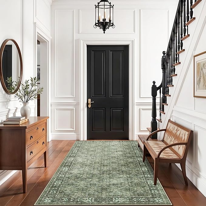 Washable 4x8 Hallway Runner Rug: Vintage Soft Carpet for Living Room Entryway Non-Slip Water Resistant Thin Kitchen Floor Mat Wide Ultra Soft Area Rug for Bedroom Bathroom Dining Room(Green,4x8)