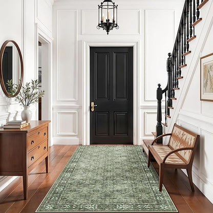 Washable 4x8 Hallway Runner Rug: Vintage Soft Carpet for Living Room Entryway Non-Slip Water Resistant Thin Kitchen Floor Mat Wide Ultra Soft Area Rug for Bedroom Bathroom Dining Room(Green,4x8)