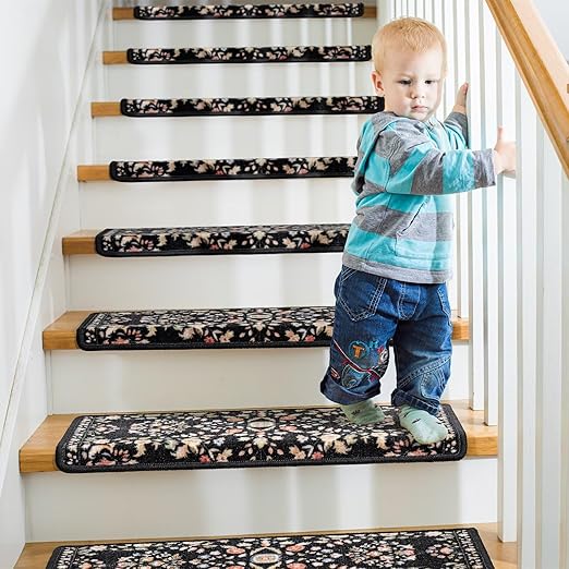 RORA Bullnose Carpet Stair Treads Non-Slip Stair Treads for Wooden Steps,Washable Stair Carpet,Floral Stair Rugs,Runner Indoor Stair Mats for Pets Elder,14pcs,29.5 ''x9.5 ”x1.5 '',Black