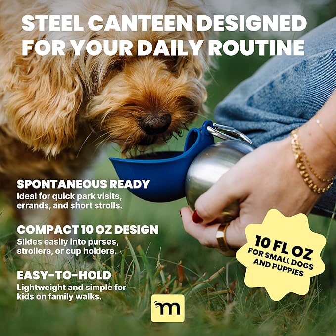 MalsiPree 2-in-1 Portable Dog Water Bottle and Travel Bowl for Small Dogs - Stainless Steel Dog Water Jug for Walking, Hiking, and Car Trips - Leak-Proof Dog Water Bottle Portable - 10oz Navy