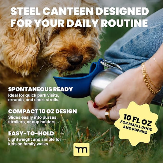 MalsiPree 2-in-1 Portable Dog Water Bottle and Travel Bowl for Small Dogs - Stainless Steel Dog Water Jug for Walking, Hiking, and Car Trips - Leak-Proof Dog Water Bottle Portable - 10oz Navy