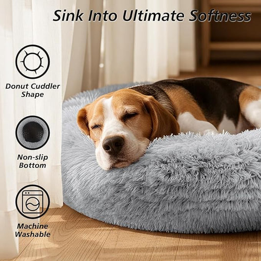 JOLLYVOGUE Calming Dog Beds Large Sized Dog, 36in Donut Washable Large Pet Bed, Anti-Slip & Anti-Anxiety Fluffy Faux Fur Round Dogs Bed, Fits up to 80 lbs Pets (Smoke Grey)