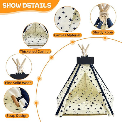 Pet Tent/Tipi for Cats & Dogs - Washable Canvas, Foldable Pet Teepee with Anti-Slip Base & Detachable Cushion | Indoor/Outdoor Safe Shelter for Pets-Beige-L
