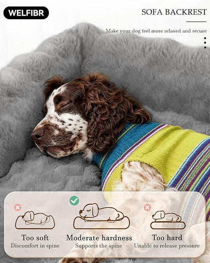 48“ Dog Bed with Shredded Foam Filling, Calming Pet Sofa with Removable Washable Cover, Soft Faux Fur Bolster Couch for Dogs, Anti-Slip Bottom
