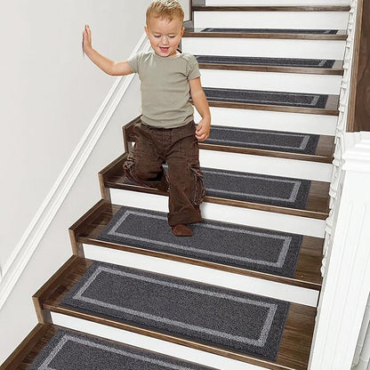COSY HOMEER Soft Stair Treads Non-Slip Carpet Mat 28inX9in Indoor Stair Runners for Wooden Steps,Stair Rugs for Kids and Dogs, 100% Polyester TPE Backing 10pcs,Black,Square