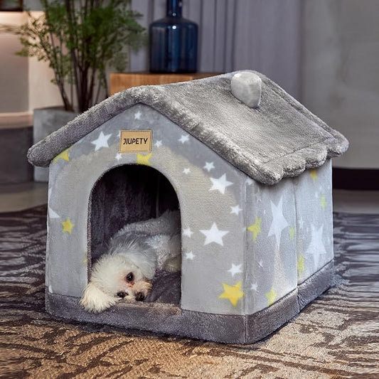 JIUPETY Cute Indoor Dog Houses, Dog Bed with Cover Cave, M Size for 7-14 Lb Dogs and 9-17 Lb Cats, Igloo Pet House with Non-Slip Bottom, Grey