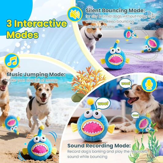 Interactive Dog Toys, Self Moving Dog Toy to Keep Them Busy, Electronic Vibrating Dogs Toy/Squeaky Bouncing Ball for Small Medium Large Dogs with Jumping Music Talking Silent Mode (Lanternfish)