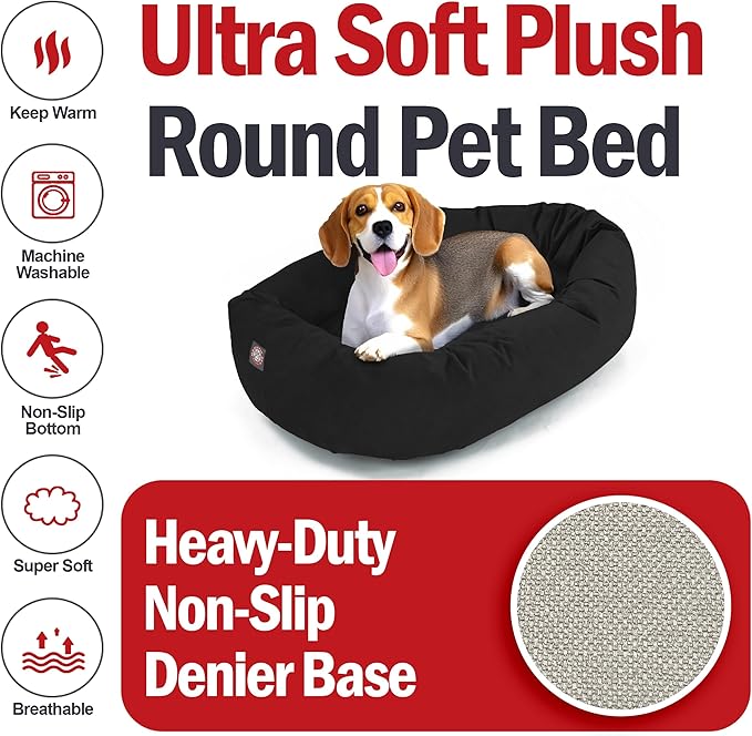 Majestic Pet 32 Inch Suede Calming Dog Bed Washable – Cozy Soft Round Dog Bed with Spine Support for Dogs to Rest their Head - Fluffy Donut Dog Bed 32x23x7 (Inch) - Round Pet Bed Medium – Black (2025)