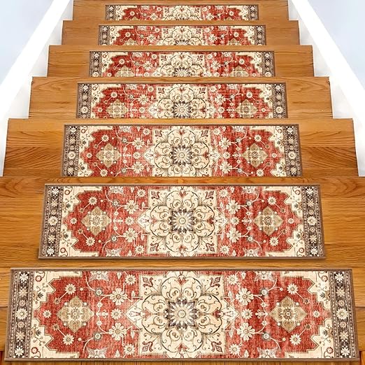 Non-Slip Carpet Stair Treads 4PCS, 8"x30" Peel and Stick Stair Runner for Wooden Steps Indoor, Washable Reusable Adhesive Backing, Pet-Friendly Safety Mats for Kids, Elders, Dogs