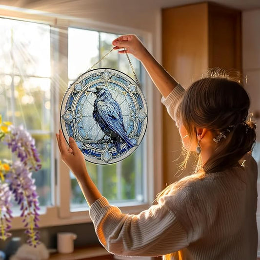 8 Inch Stained Glass Suncatcher Ornament, DOUHASU Crow Sun Catchers Indoor Window, Stained Glass Window Hanging, Home Decor, Bird Lovers Gifts for Women, Men