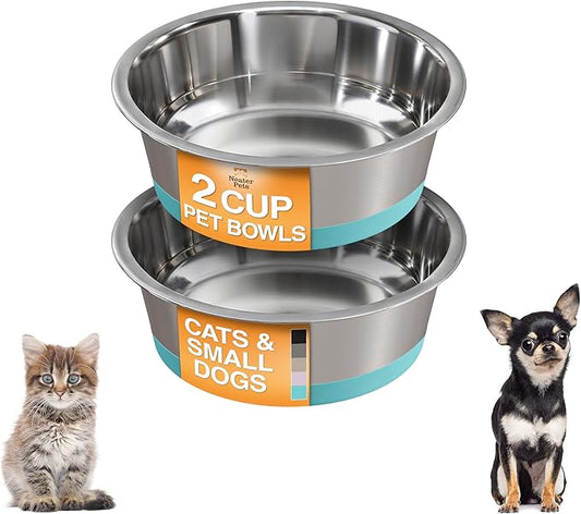 Neater Pet Brands Stainless Steel Dog Bowls with Non-Slip Rubber Bottom – 2 Cup (16 oz), Teal - Set of 2 Heavy Duty Metal Dog Bowls, Dishwasher Safe, Food or Water Bowl, Ideal for Small Dogs & Cats