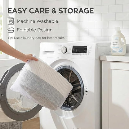 65L Extra Large Blanket Basket for Living Room - Woven Cotton Rope Laundry Hamper with Reinforced Handles - Storage Bin for Pillows, Comforters & Toys - Machine Washable,White&Grey