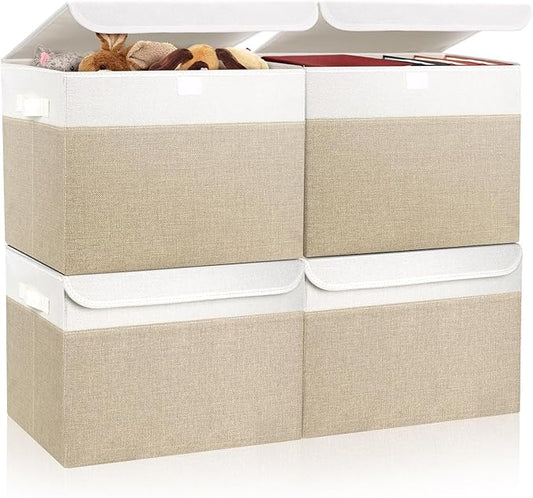 Large 22 Quart Linen Fabric Foldable Storage Bin Cube Organizer Basket with Flip-Top Lid & Handles, Clothes Blanket Box for Home, Office, Closet, Beige & White, 4 Pack 14.6 x 9.5 x 9.5”
