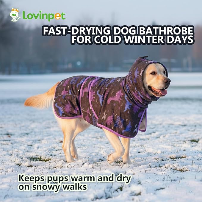 LovinPet 3‑in‑1 Dog Warm Winter Coat & Bathrobe, Hooded Dinosaur Fleece, Lightweight High‑Loft, Absorbent Knit, Quiet Hook‑and‑Loop, Wind‑Blocking Edges, Dog Robes for Medium & Large Dogs, Black,L