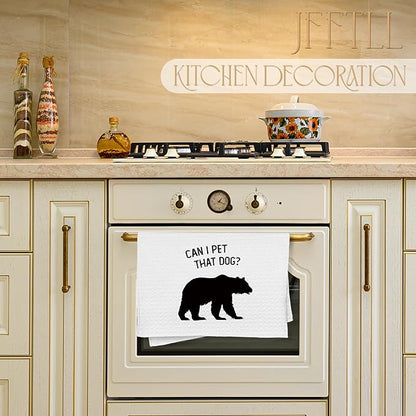 FFTLL Funny Bear Kitchen Towels, Gifts for Bear Wildlife Camping Lovers Dish Tea Towels for Kitchen Decor, Can I Pet That Dog Decorative Hand Towel for Bathroom, 16x24 Inch - White