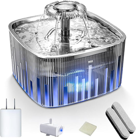 Cat Water Fountain Stainless Steel:77oz/2.2L water fountains for cats indoor - cat water fountain for Drinking -Automatic Cat Watering Bowl Dispenser -Pet Water Fountain Inside with Flower Kitty Spout