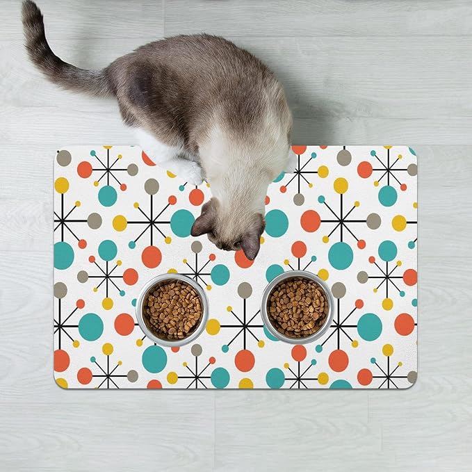 Dog Food Mats for Floors Absorbent, Cat Food Mat - Pet Cat Feeding Mat Quick Dry, Dog Bowl Mats for Water, Pet Supplies Feeding Placemat 16" x 24" Mid-Century Atomic
