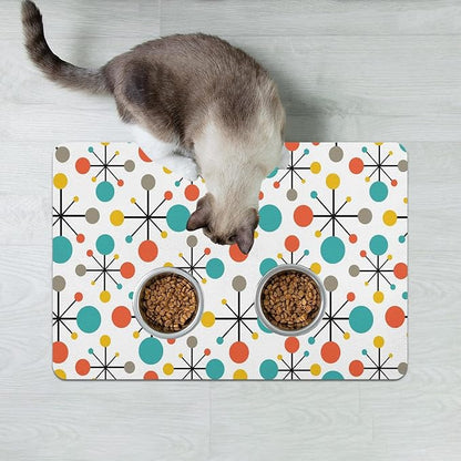 Dog Food Mats for Floors Absorbent, Cat Food Mat - Pet Cat Feeding Mat Quick Dry, Dog Bowl Mats for Water, Pet Supplies Feeding Placemat 16" x 24" Mid-Century Atomic