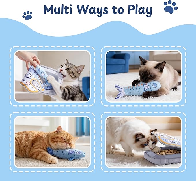 Nocciola Catnip Toys for Indoor Cats - 3 Pack Cat Toys Fish with Sardine Can Pouch, Cat Nip Toys Cat Kicker Toy with Crinkle Paper, Interactive Cat Toy for Kitten Enrichment, Cat Gifts