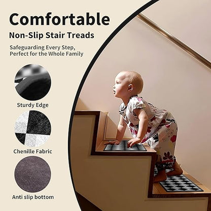 Non-Slip Carpet Stair Treads 7PCS, 8"x30" Peel and Stick Stair Runner for Wooden Steps Indoor, Washable Reusable Adhesive Backing, Pet-Friendly Safety Mats for Kids, Elders, Dogs
