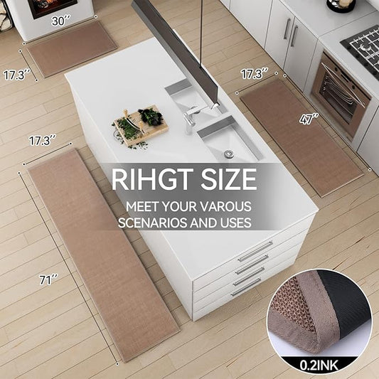 Kitchen Mat Set of 2 PCS, Cushioned Non Slip Rugs for Kitchen Floor, Absorbent Runner Comfort Standing Mats Washable for Kitchen, Office, Home (Camel, 17.3"x47"+17.3"x71")