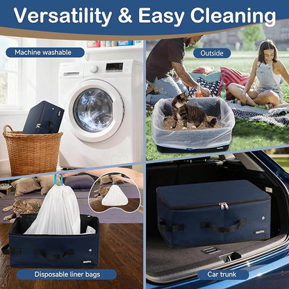 Portable Cat Travel Litter Box with Lid and 10 Pcs Disposable Liner Bags, Leak-Proof & Collapsible, Easy Clean Odor-Control Cat Travel Essentials for Car, Hotel, Airplane, Camping,Trips Navy