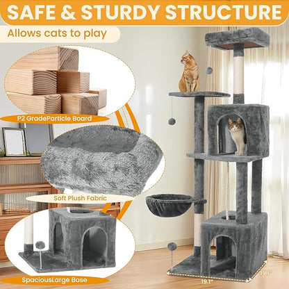 Cat Tree, 54-Inch Cat Tower for Indoor Cats, Soft Plush Multi-Level Climbing Cat Condo with Scratching Posts, Basket, Perches,2 Caves,2 Pompoms Play House for Cat(Gray)