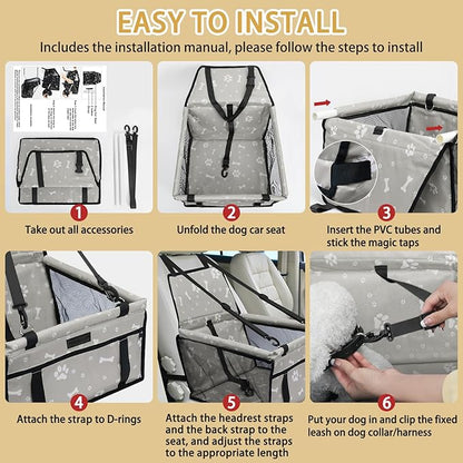 PetsHome Dog Car Seat Foldable Dog Car Booster Seat Waterproof Breathable Oxford Travel Bag for Small to Medium Dogs, Puppies, and Pets-Pattern Grey+Mat