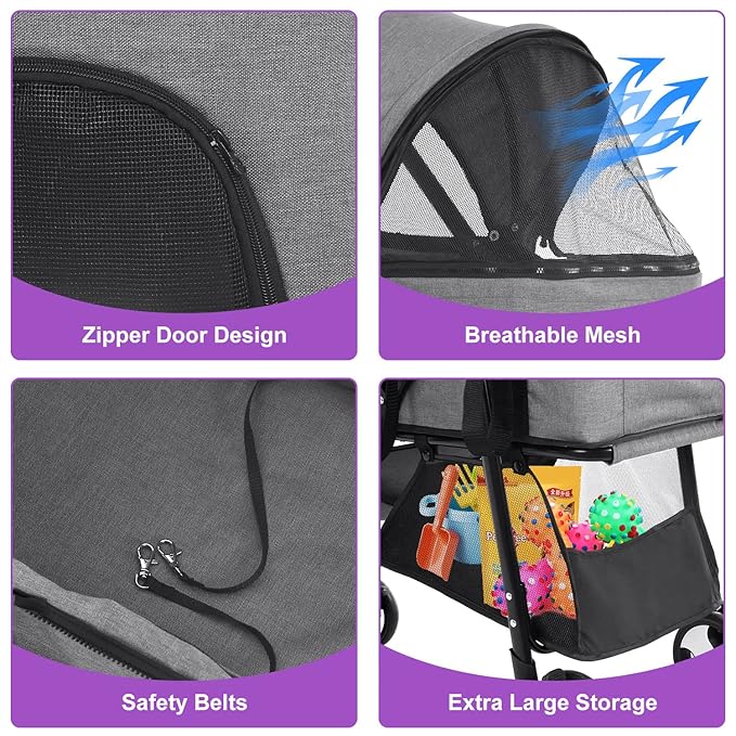 Dog Stroller Pet Strollers 3 Wheel Doggy Stroller for Small Medium Dogs Cats 3-in-1 Detachable Travel Carrier Pet Gear Stroller Wagons for Dogs Trolley for Cat Doggie Rabbit Puppy, Grey