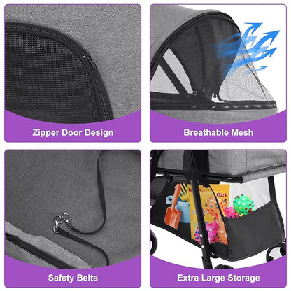 Dog Stroller Pet Strollers 3 Wheel Doggy Stroller for Small Medium Dogs Cats 3-in-1 Detachable Travel Carrier Pet Gear Stroller Wagons for Dogs Trolley for Cat Doggie Rabbit Puppy, Grey